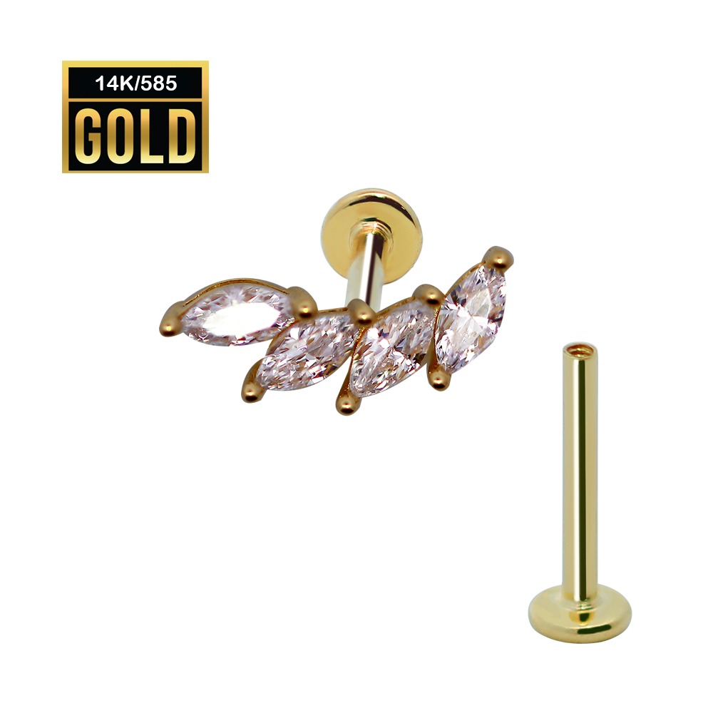 14K Real Gold Internally Threaded Labret with Synthetic Diamond 4 Marquise Top   