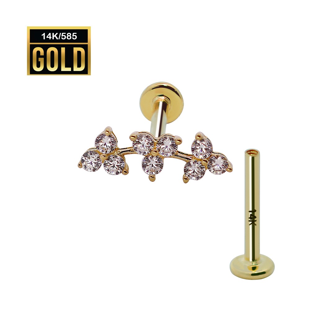 14K Real Gold Internally Threaded Labret with Synthetic Diamond Top   