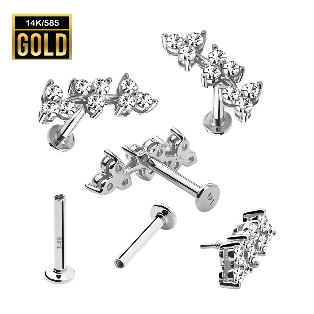 14K Real White Gold Internally Threaded Labret with Carbon Treated Cubic Zirconia Top   