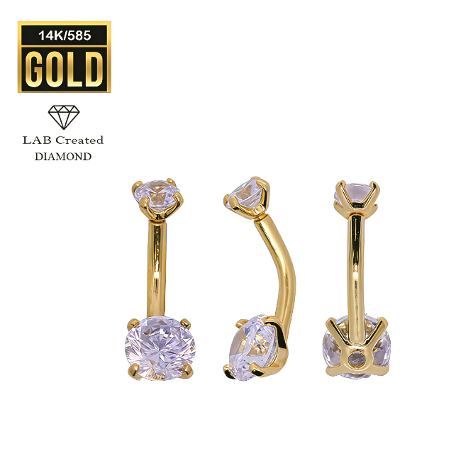 14K Real Solid Gold Bananabell with Prong Setted Synthetic Diamond (4+6)mm-14GA(1.6mm)  