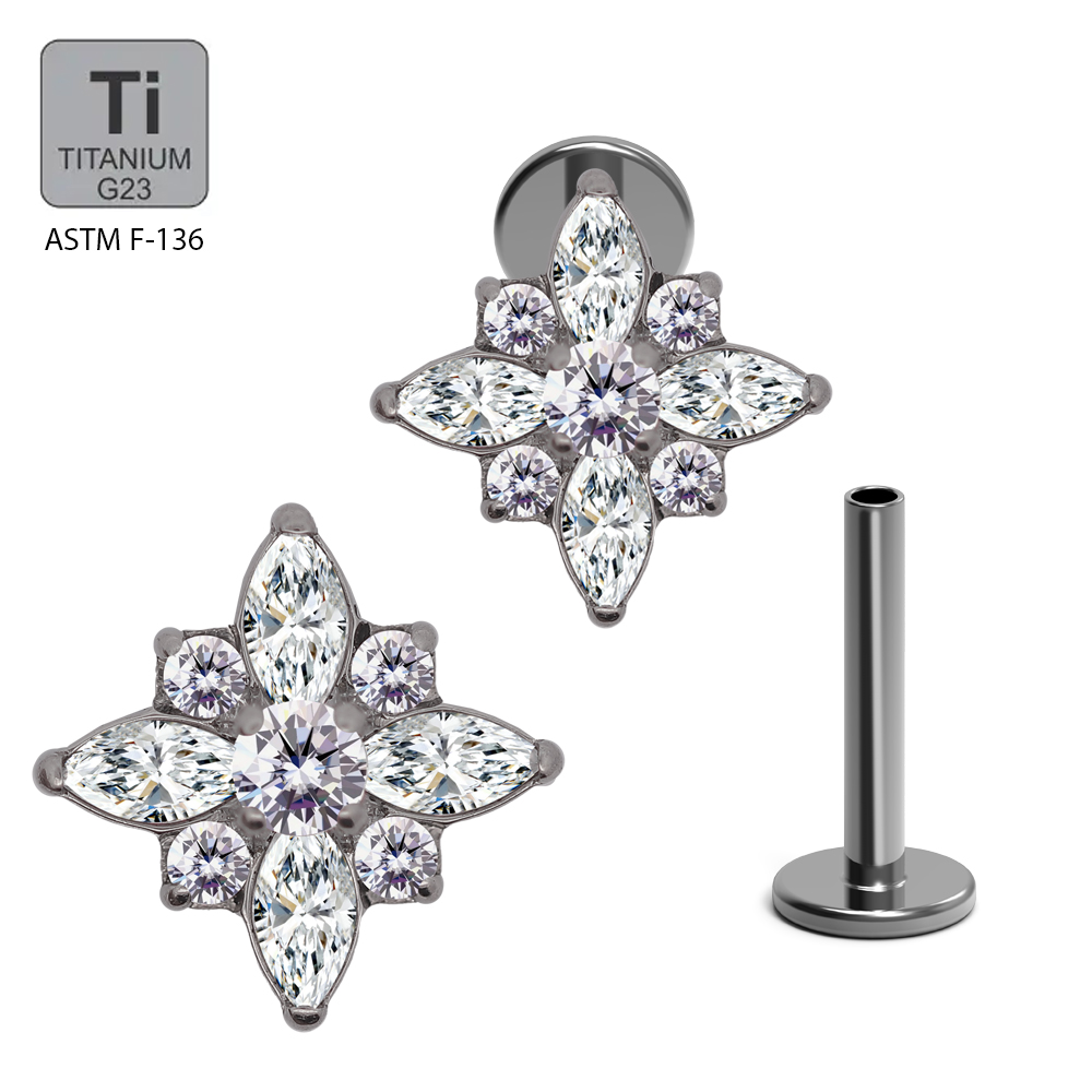 ASTM F136 Titanium G23 Internally Threaded Labret with Marquise Stone and Cubic Zirconia Blaze Set Top