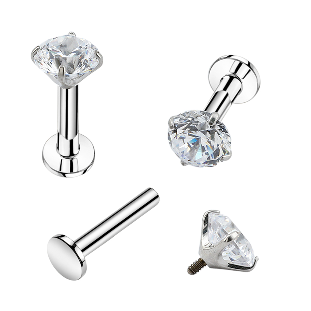 Titanium G23/ASTM F-136 White Gold Ti-PVD Coated Internally Labret with Round Carbon Treated Cubic Zirconia Top Design (Claw Setting), Internal Thread 0.9mm - 16GA(1.2mm) 