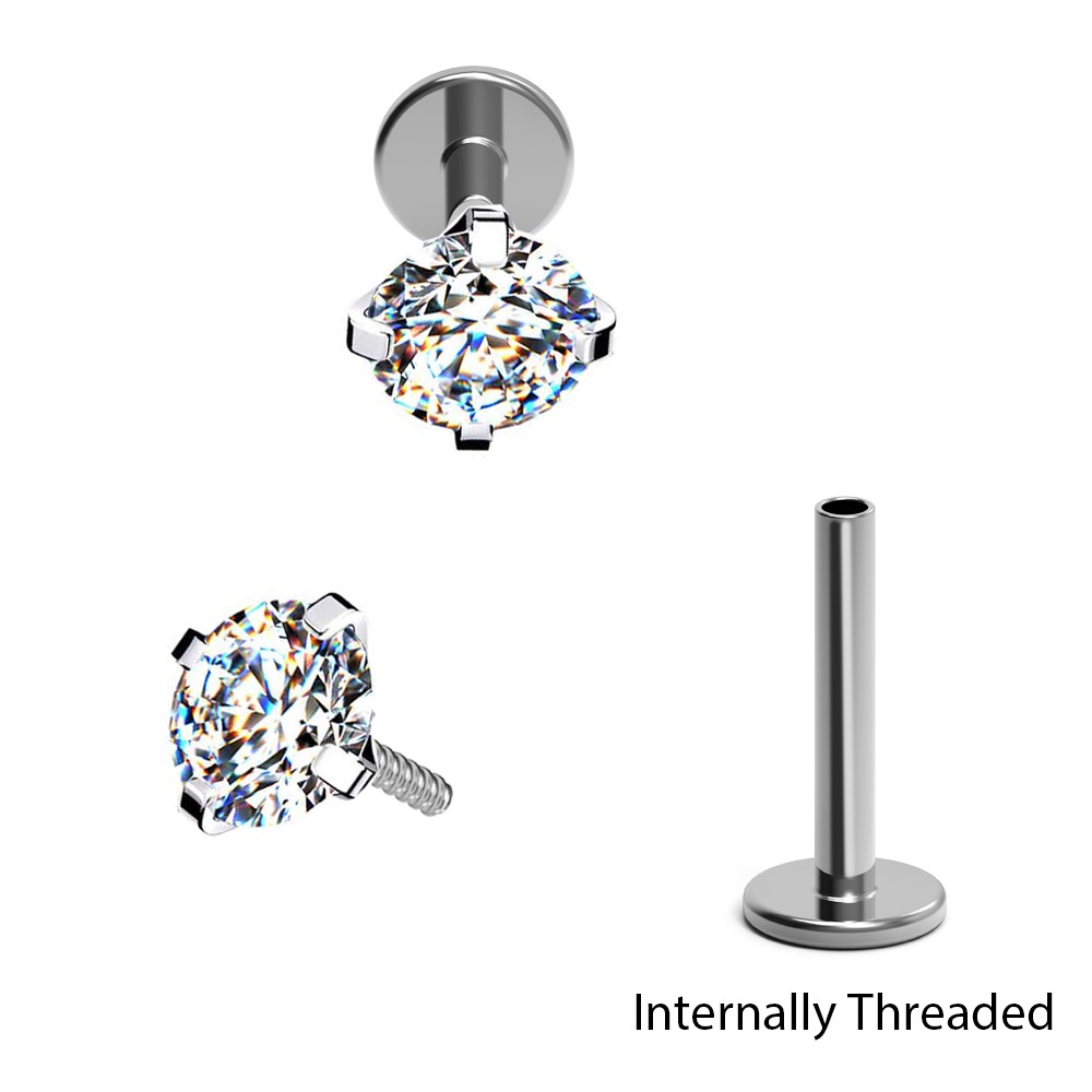 Titanium G23/ASTM F-136 White Gold Ti-PVD Coated Internally Labret with Round Carbon Treated Cubic Zirconia Top Design (Claw Setting), Internal Thread 0.9mm - 16GA(1.2mm) (NB)