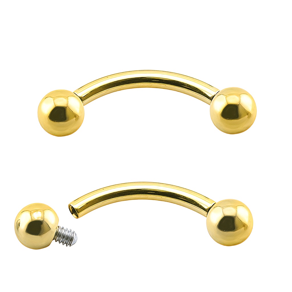 Titanium G23/ASTM F-136 Gold Ti-PVD Coated Internally Bananabell with Balls, Internal Thread 0.9mm - 16GA(1.2mm) 