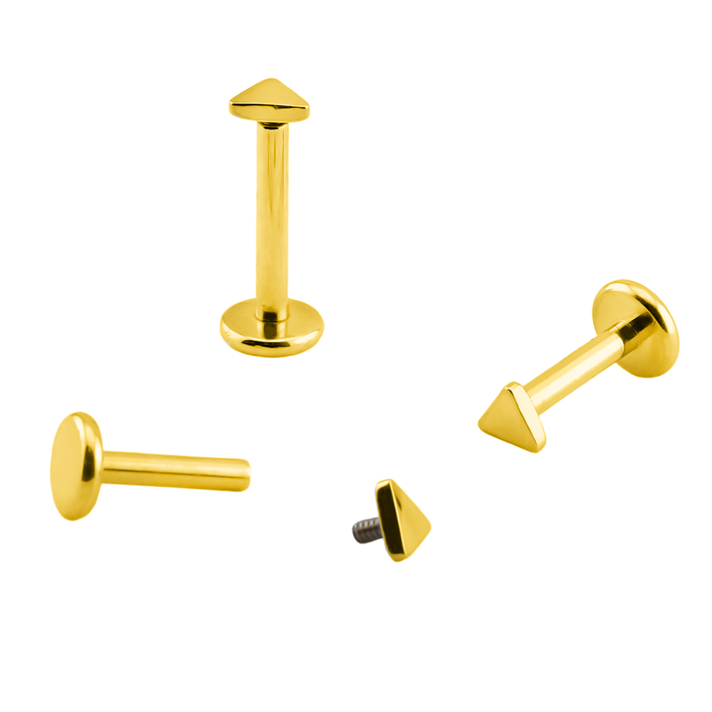 Titanium G23/ASTM F-136 Gold Ti-PVD Coated Internally Labret with Triangle Top Design, Internal Thread 0.9mm - 16GA(1.2mm) 
