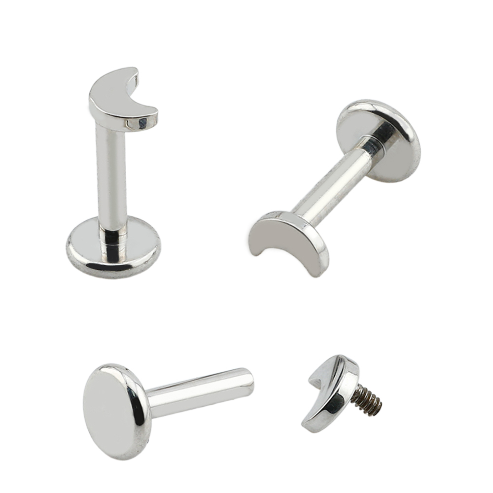 Titanium G23/ASTM F-136 White Gold Ti-PVD Coated Internally Labret with Moon Top Design, Internal Thread 0.9mm - 16GA(1.2mm) (NB)     