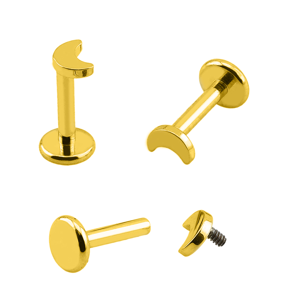 Titanium G23/ASTM F-136 Gold Ti-PVD Coated Internally Labret with Moon Top Design, Internal Thread 0.9mm - 16GA(1.2mm) (NB)      