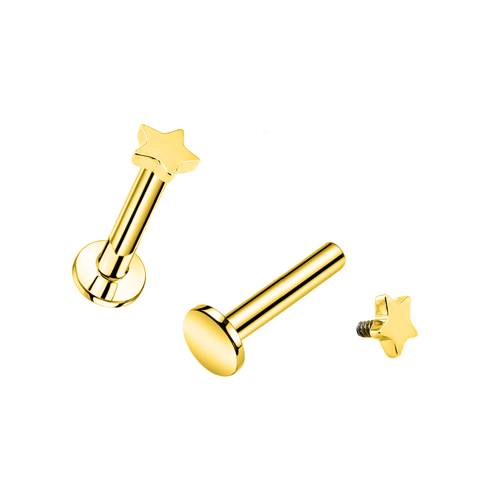Titanium G23/ASTM F-136 Gold Ti-PVD Coated Internally Labret with Star Top Design, Internal Thread 0.9mm - 16GA(1.2mm) (NB)   