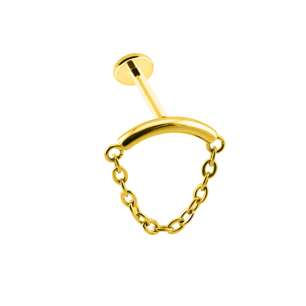 Titanium G23/ASTM F-136 Gold Ti-PVD Coated Internally Threaded Hidden Helix Labret with Chain Linked Top, Internal Thread 0.9mm - 16GA(1.2mm)  