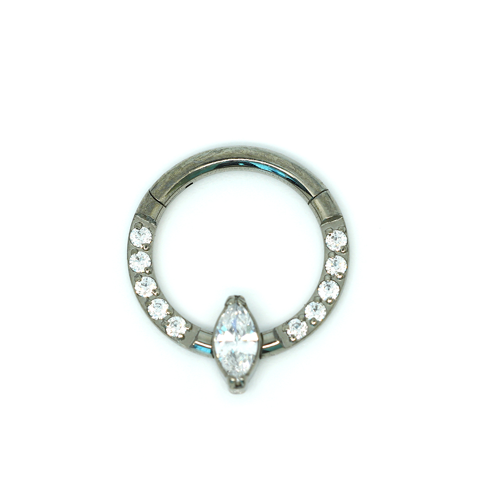 ASTM F136 Titanium G23  Cubic Zirconia Pave Face With Marquise Stone Center Hinged Segment Ring Clicker