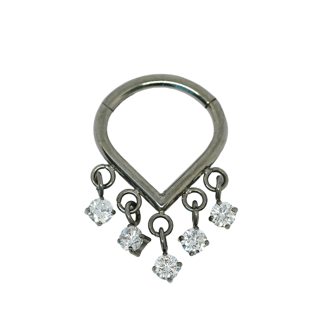 ASTM F136 Titanium G23 With 5 Cubic Zirconia Dangle Hinged Segment Ring Clicker