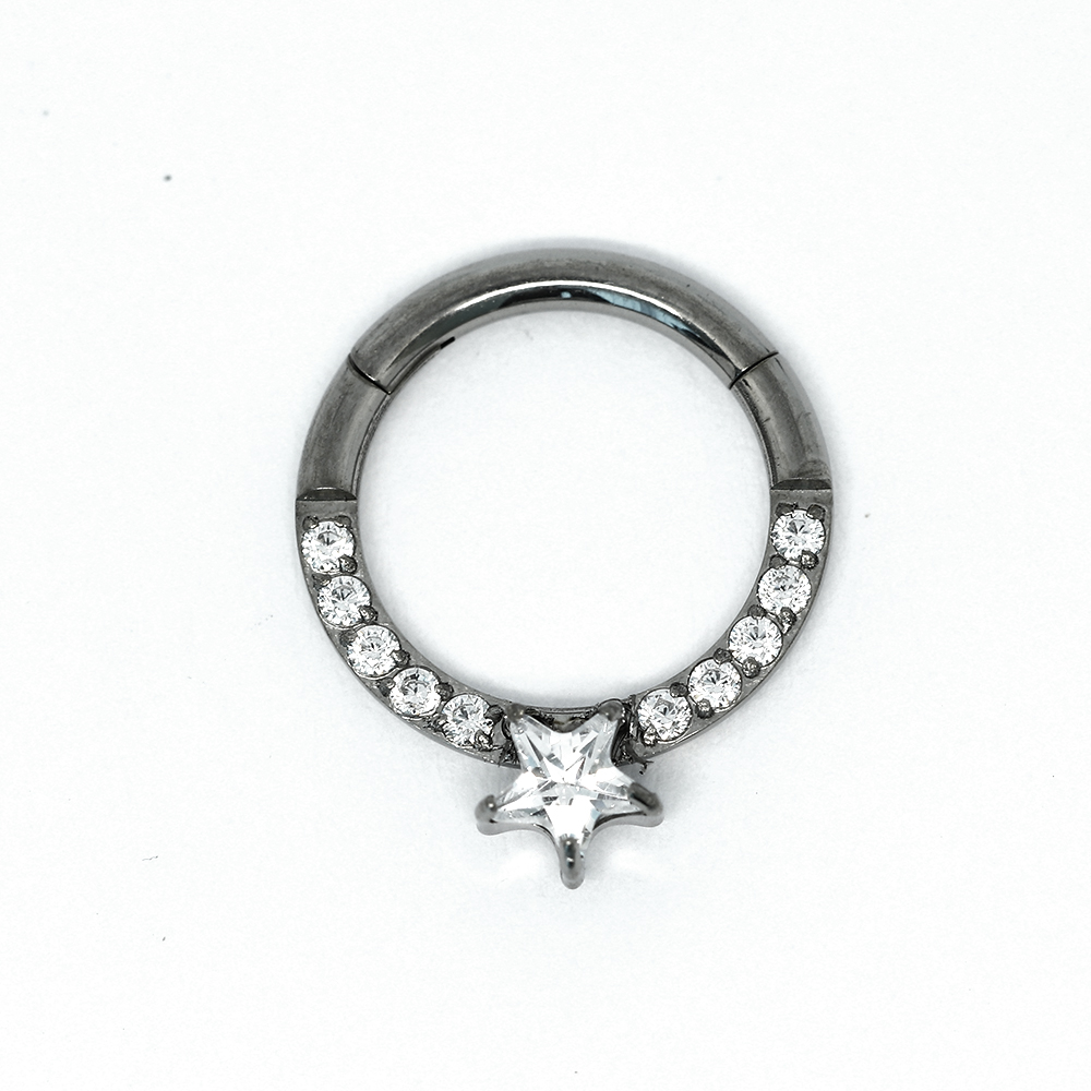 ASTM F136 Titanium G23 Cubic Zirconia Pave Face With Star Cubic Zirconia Center Hinged Segment Ring Clicker