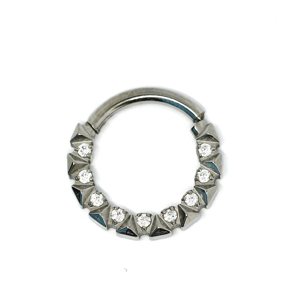ASTM F136 Titanium G23 with Cubic Zirconia Between Triangle Cut Studs Hinged Segment Ring Clicker