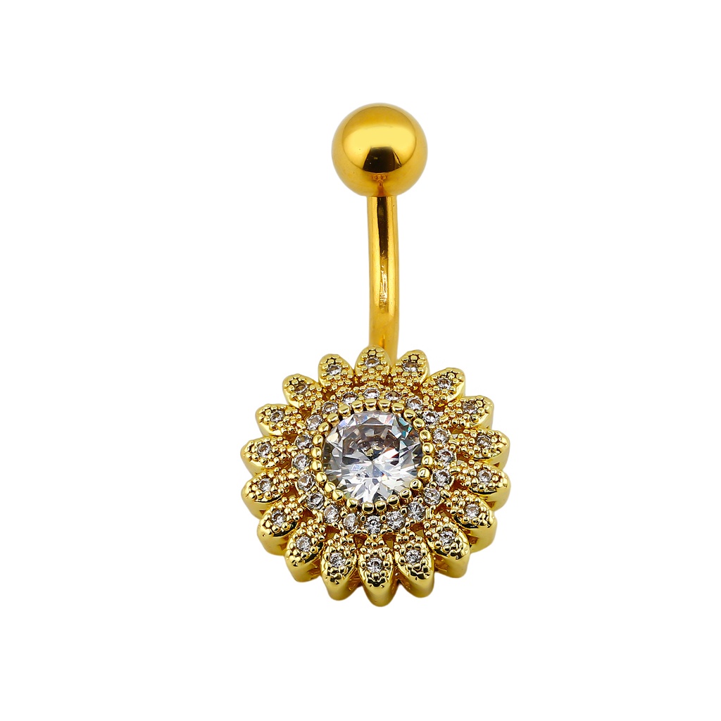 Steel 316L Gold Ti-PVD Coated Belly Button Banana in Fashion Design - CC Crystal Clear -14GA(1.6mm)   
