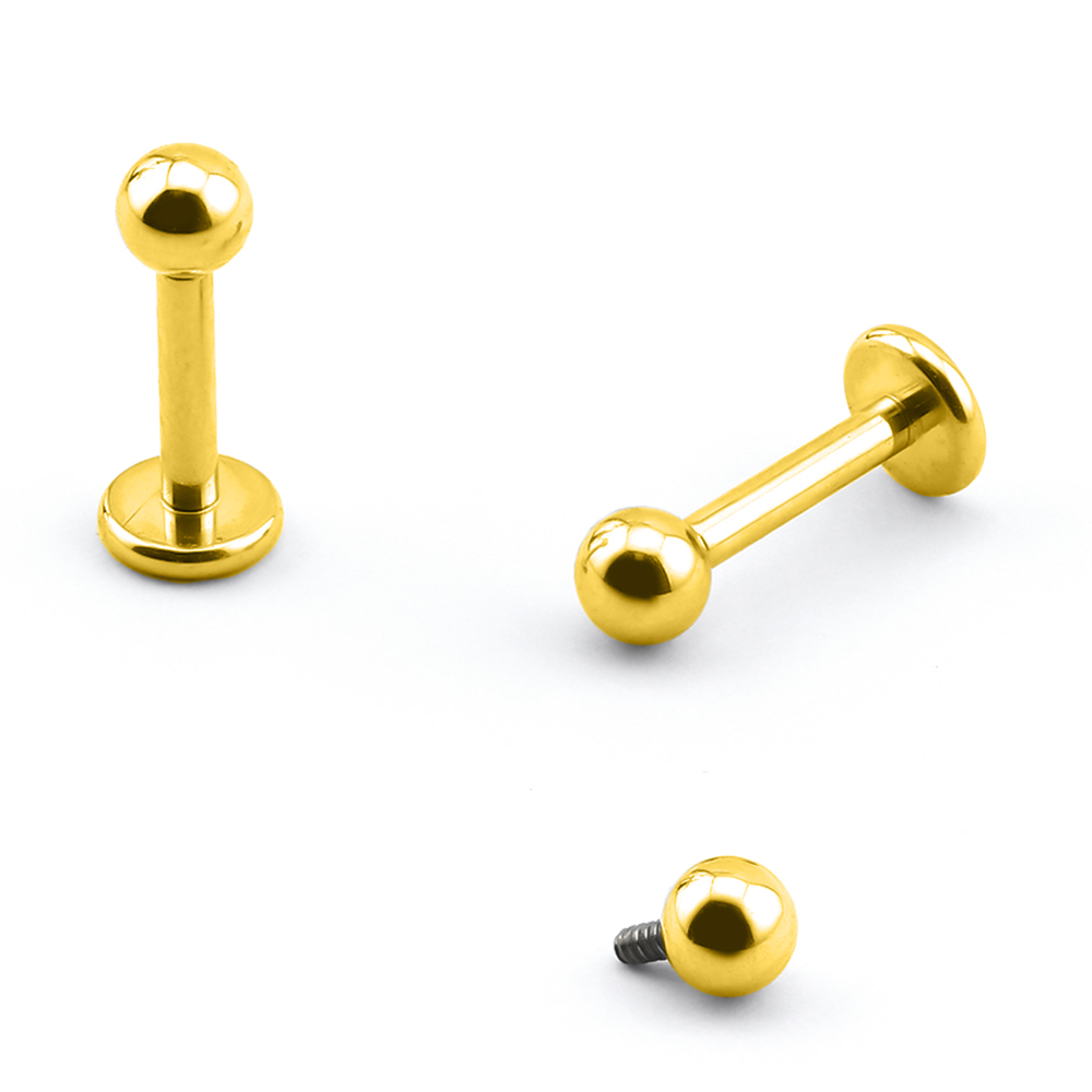 Titanium G23/ASTM F-136 Gold Ti-PVD Coated Internally Labret with Balls, Internal Thread 0.9mm - 16GA(1.2mm) 