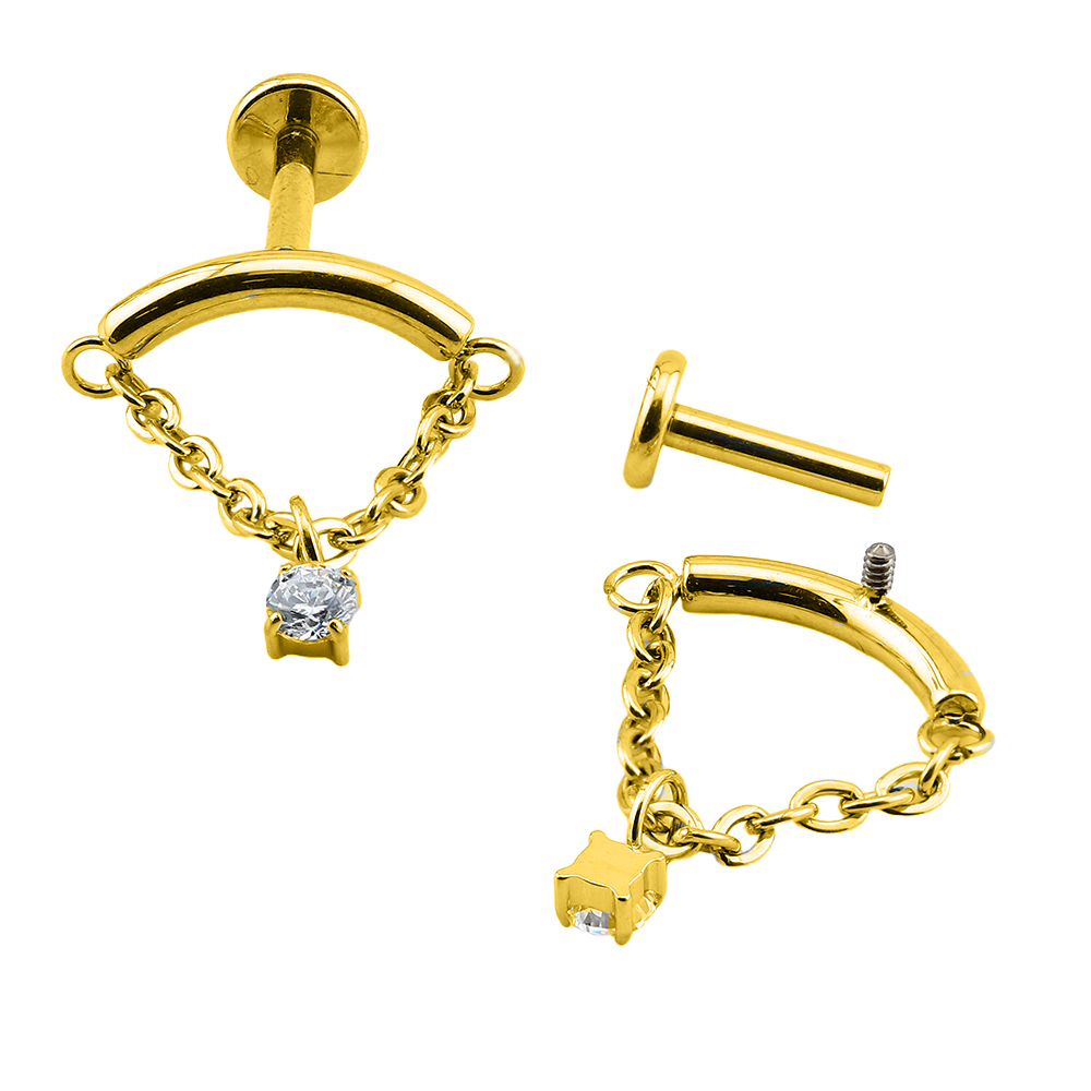 Titanium G23/ASTM F-136 Gold Ti-PVD Coated Internally Threaded Hidden Helix Labret with Chain and Cubic Zirconia Center Top Design, Internal Thread 0.9mm - 16GA(1.2mm)      