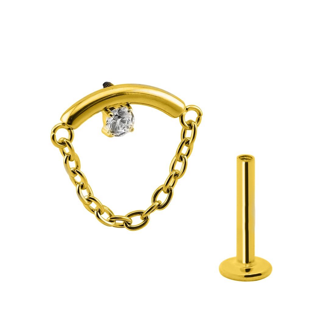 Titanium G23/ASTM F-136 Gold Ti-PVD Coated  Internally Threaded Hidden Helix Labret with Chain and Cubic Zirconia On Bar Top Design, Internal Thread 0.9mm - 16GA(1.2mm)    