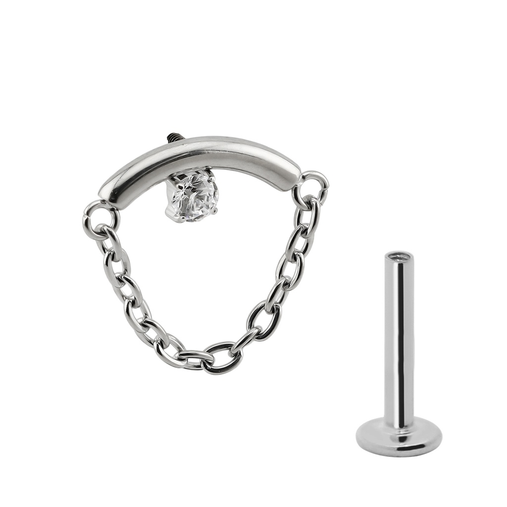Titanium G23/ASTM F-136 White Gold Ti-PVD Coated  Internally Threaded Hidden Helix Labret with Chain and Cubic Zirconia On Bar Top Design, Internal Thread 0.9mm - 16GA(1.2mm) (NB)        