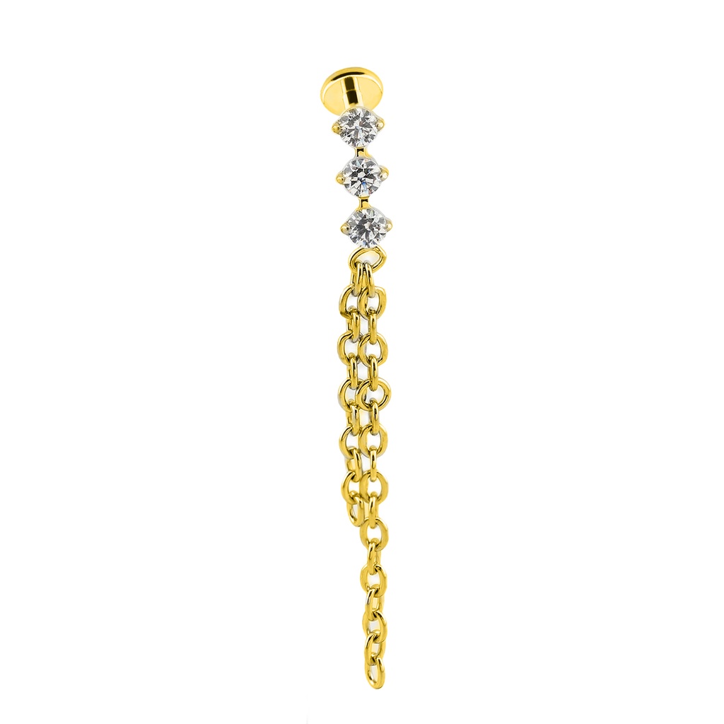 Titanium G23/ASTM F-136 Gold Ti-PVD Coated  Internally Threaded In CNC Set 3 Cubic Zirconia With 2 Chain Dangle Top Design, Internal Thread 0.9mm - 16GA(1.2mm) 