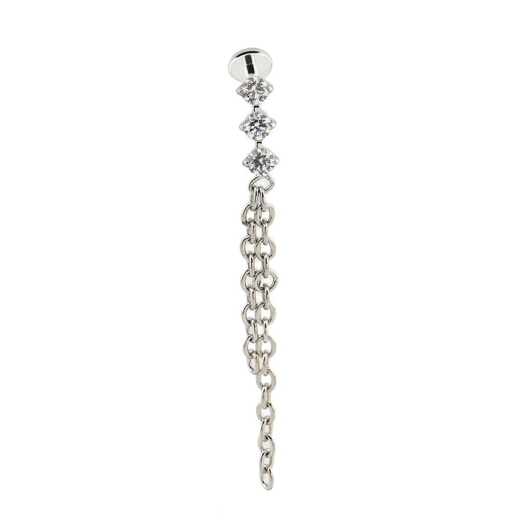 Titanium G23/ASTM F-136 White Gold Ti-PVD Coated  Internally Threaded In CNC Set 3 Cubic Zirconia With 2 Chain Dangle Top Design, Internal Thread 0.9mm - 16GA(1.2mm) (NB)         