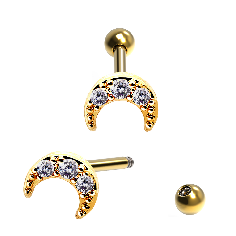 Steel Barbell in Moon Design with Crystals - CC Crystal Clear