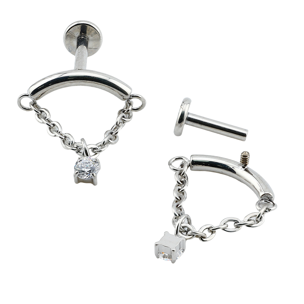 Titanium G23/ASTM F-136 White Gold Ti-PVD Coated Internally Threaded Hidden Helix Labret with Chain and Cubic Zirconia Center Top Design, Internal Thread 0.9mm - 16GA(1.2mm)      