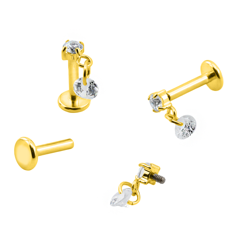 Titanium G23/ASTM F-136 Gold Ti-PVD Coated Internally Threaded Hidden Helix Labret with Round Dangle And Prong set Cubic Zirconia Top Design, Internal Thread 0.9mm - 16GA(1.2mm) 