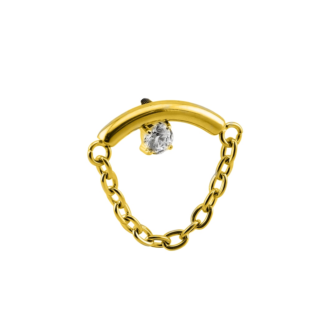 Titanium G23 / ASTM F-136 Gold Ti-PVD Coated Chain Hangs Curved Bar With CZ On Bar Internally Threaded Top - Screw Thread 0.9mm  