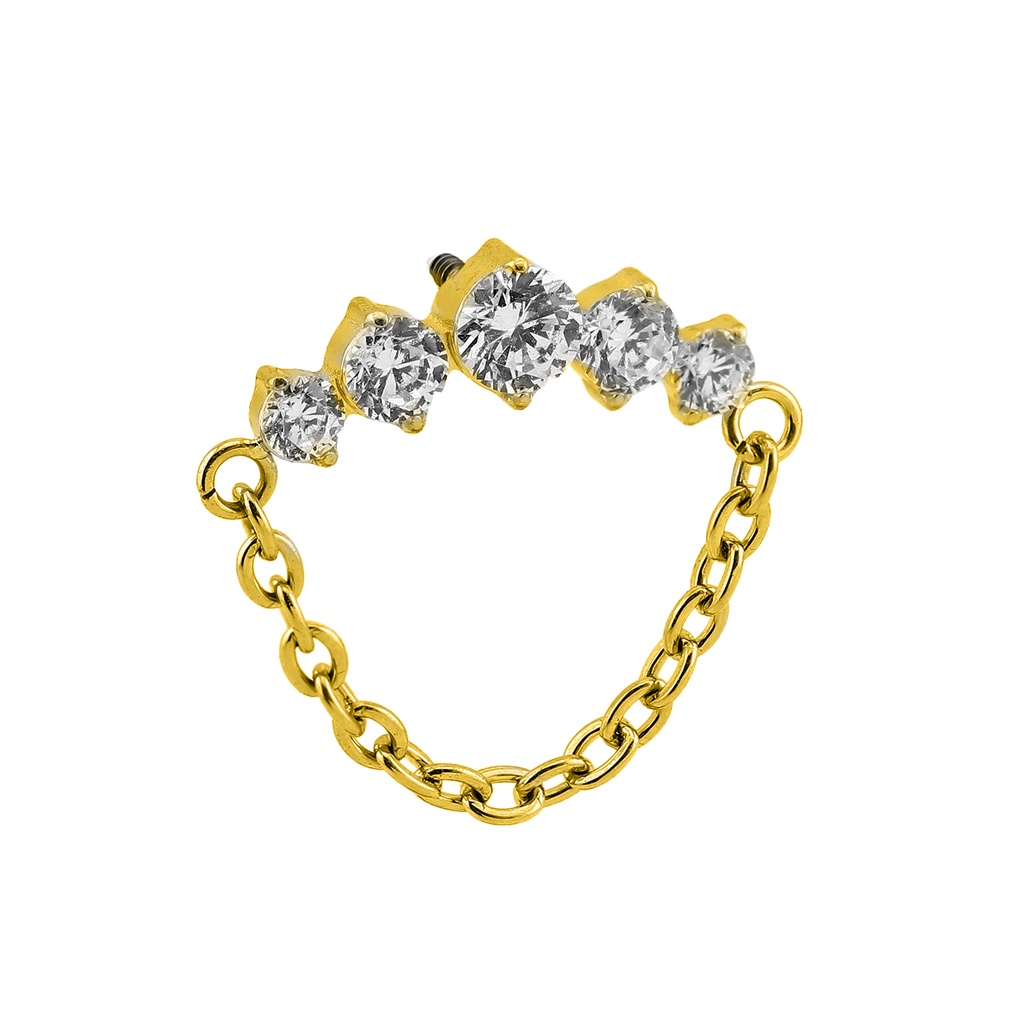Titanium G23 / ASTM F-136 Gold Ti-PVD Coated 5 CNC Set Round CZ With Dangle Chain Top - Screw Thread 0.9mm 