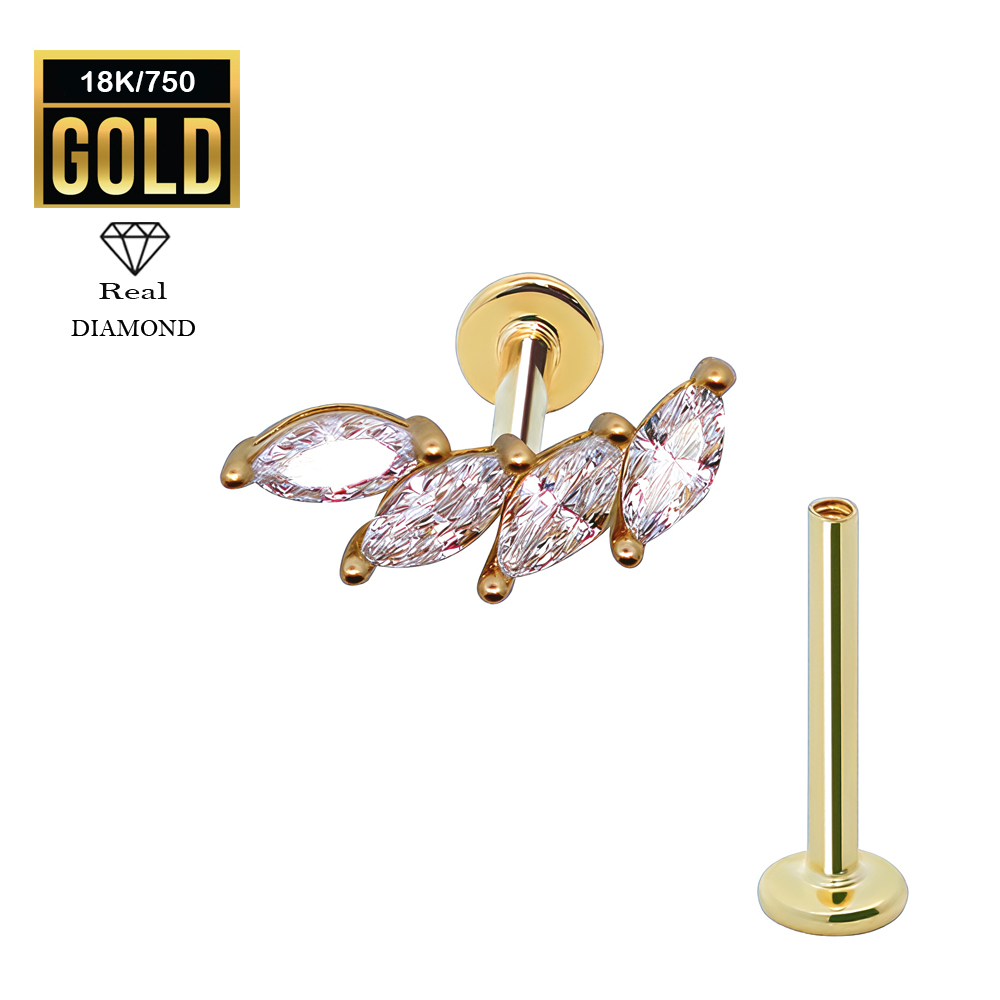 18K Real Gold Flat Back Internally Threaded Labret  with Real Diamond Design Top