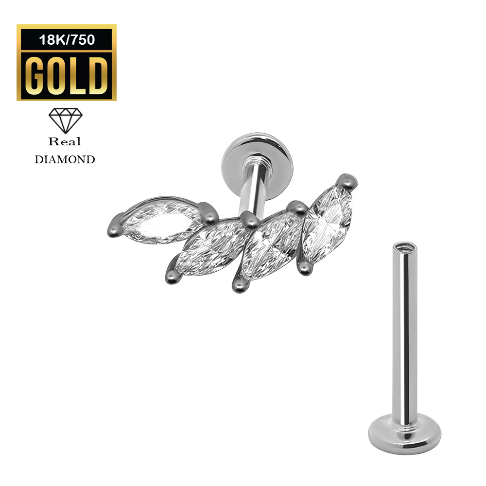 18K Real White Gold Flat Back Internally Threaded Labret  with Real Diamond Design Top