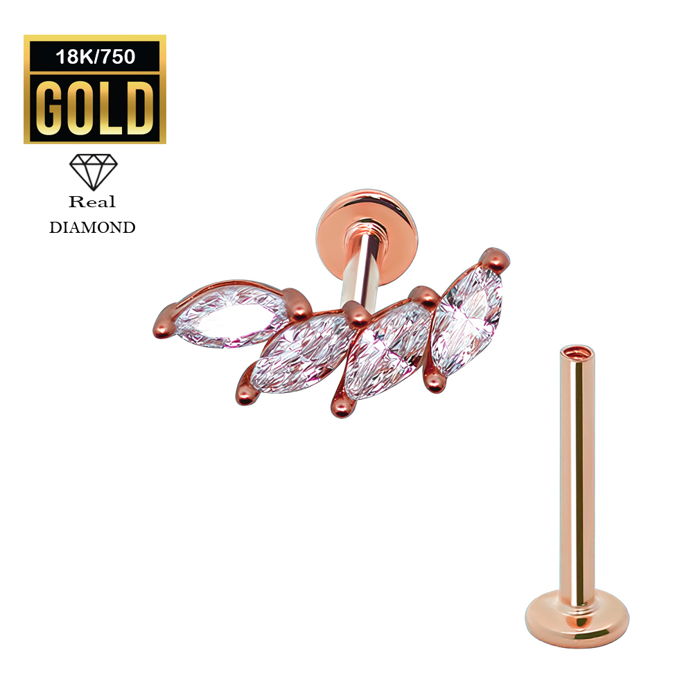 18K Real Rose Gold Flat Back Internally Threaded Labret  with Real Diamond Design Top 