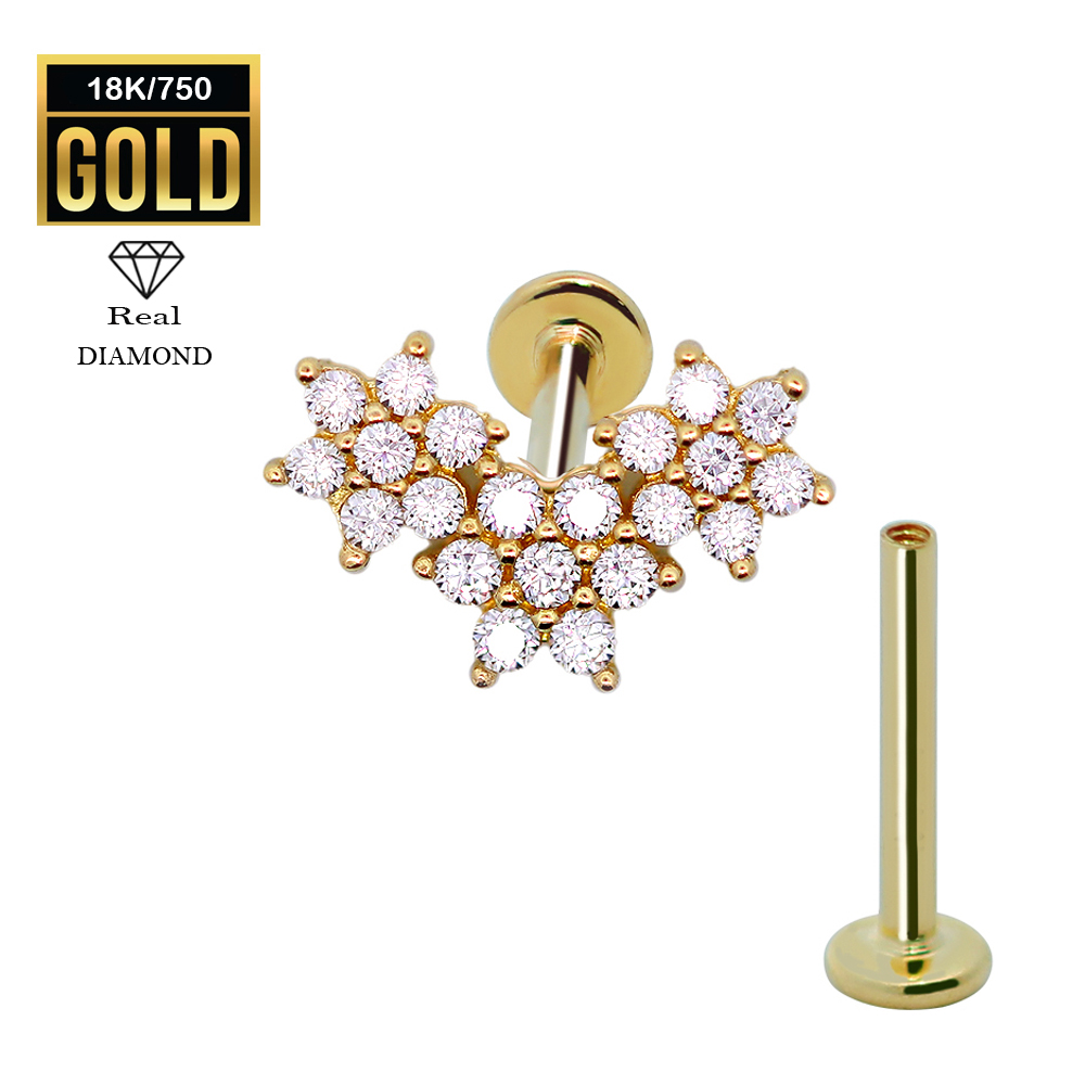 18K Real Gold Flat Back Internally Threaded Labret  with Real Diamond Design Top 