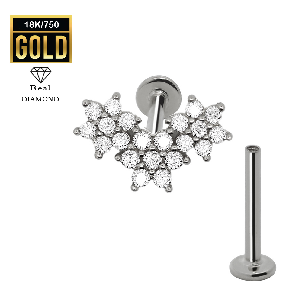 18K Real White Gold Flat Back Internally Threaded Labret  with Real Diamond Design Top  