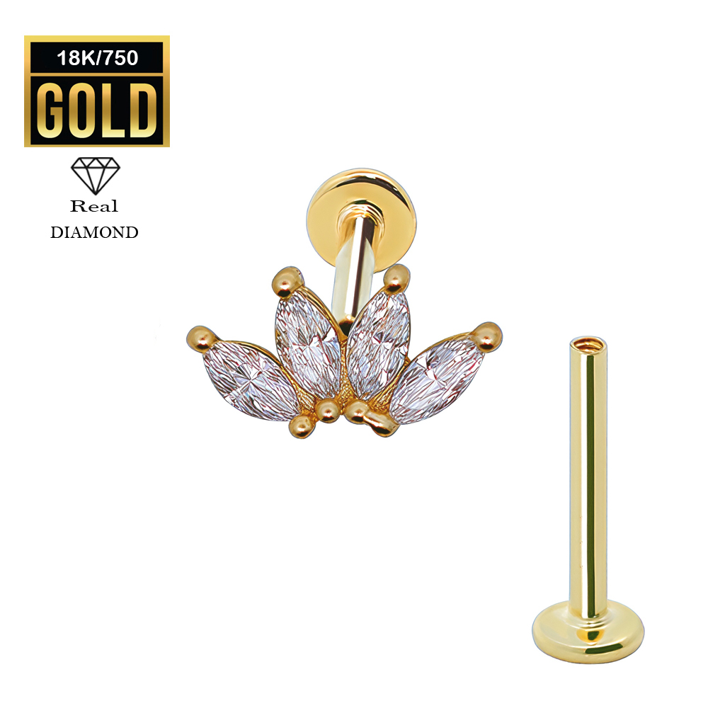 18K Real Gold Flat Back Internally Threaded Labret  with Real Diamond Design Top   
