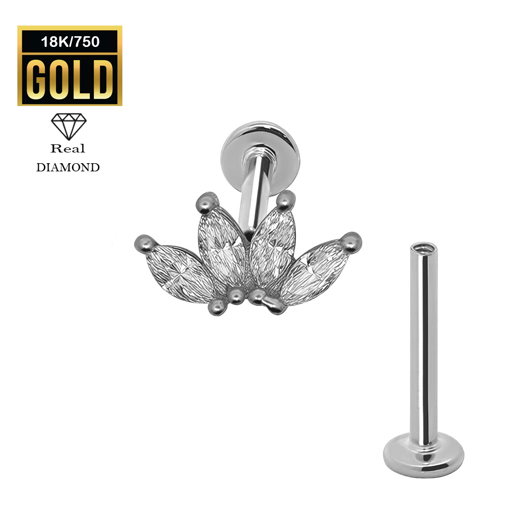 18K Real White Gold Flat Back Internally Threaded Labret  with Real Diamond Design Top    