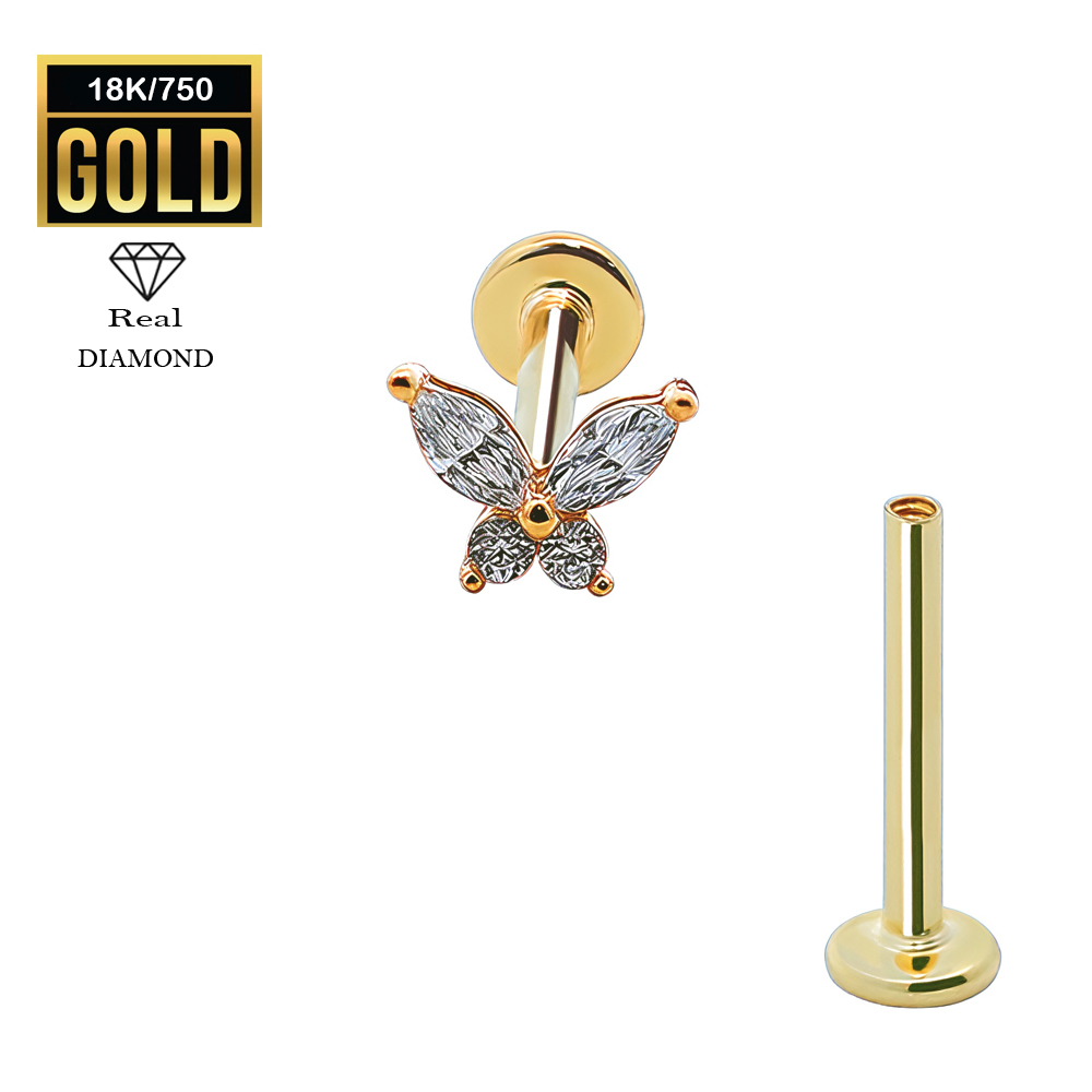18K Real Gold Flat Back Internally Threaded Labret  with Real Diamond Design Top    