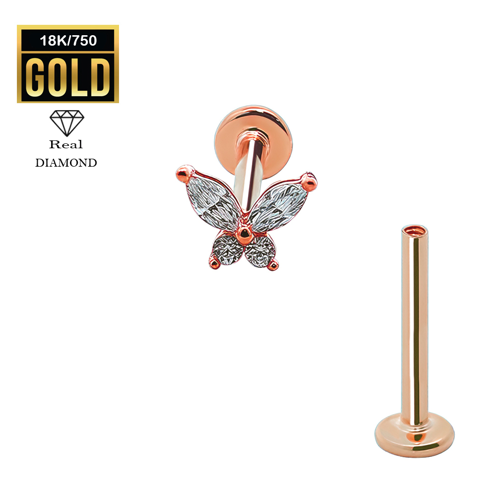 18K Real Rose Gold Flat Back Internally Threaded Labret  with Real Diamond Design Top  