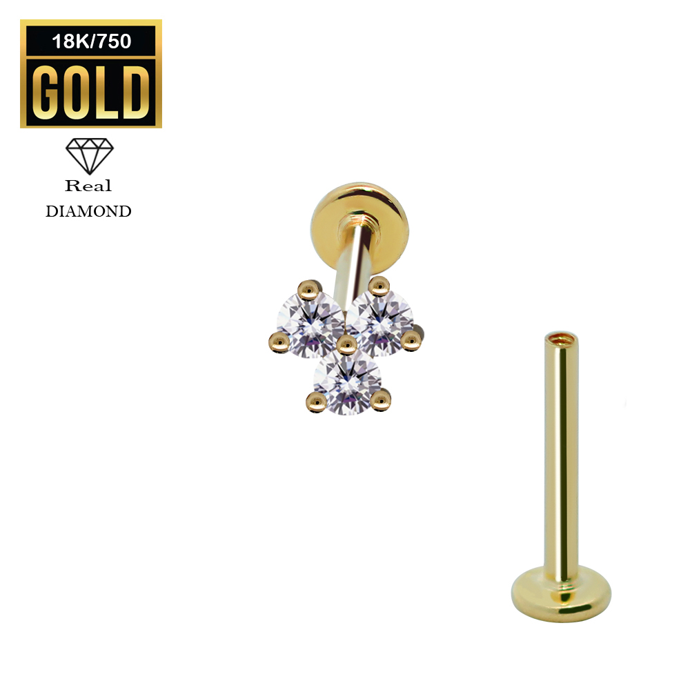 18K Real Gold Flat Back Internally Threaded Labret  with Real Diamond Design Top   