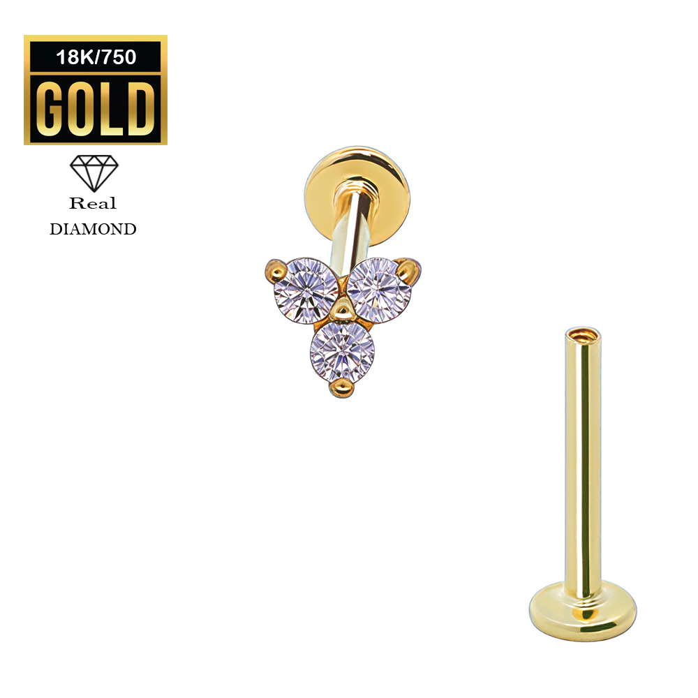 18K Real Gold Flat Back Internally Threaded Labret  with Real Diamond Design Top   