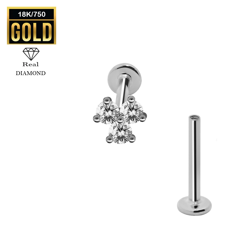18K Real White Gold Flat Back Internally Threaded Labret  with Real Diamond Design Top