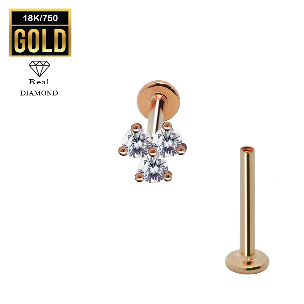 18K Real Rose Gold Flat Back Internally Threaded Labret  with Real Diamond Design Top 
