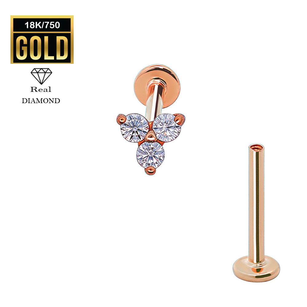18K Real Rose Gold Flat Back Internally Threaded Labret  with Real Diamond Design Top 