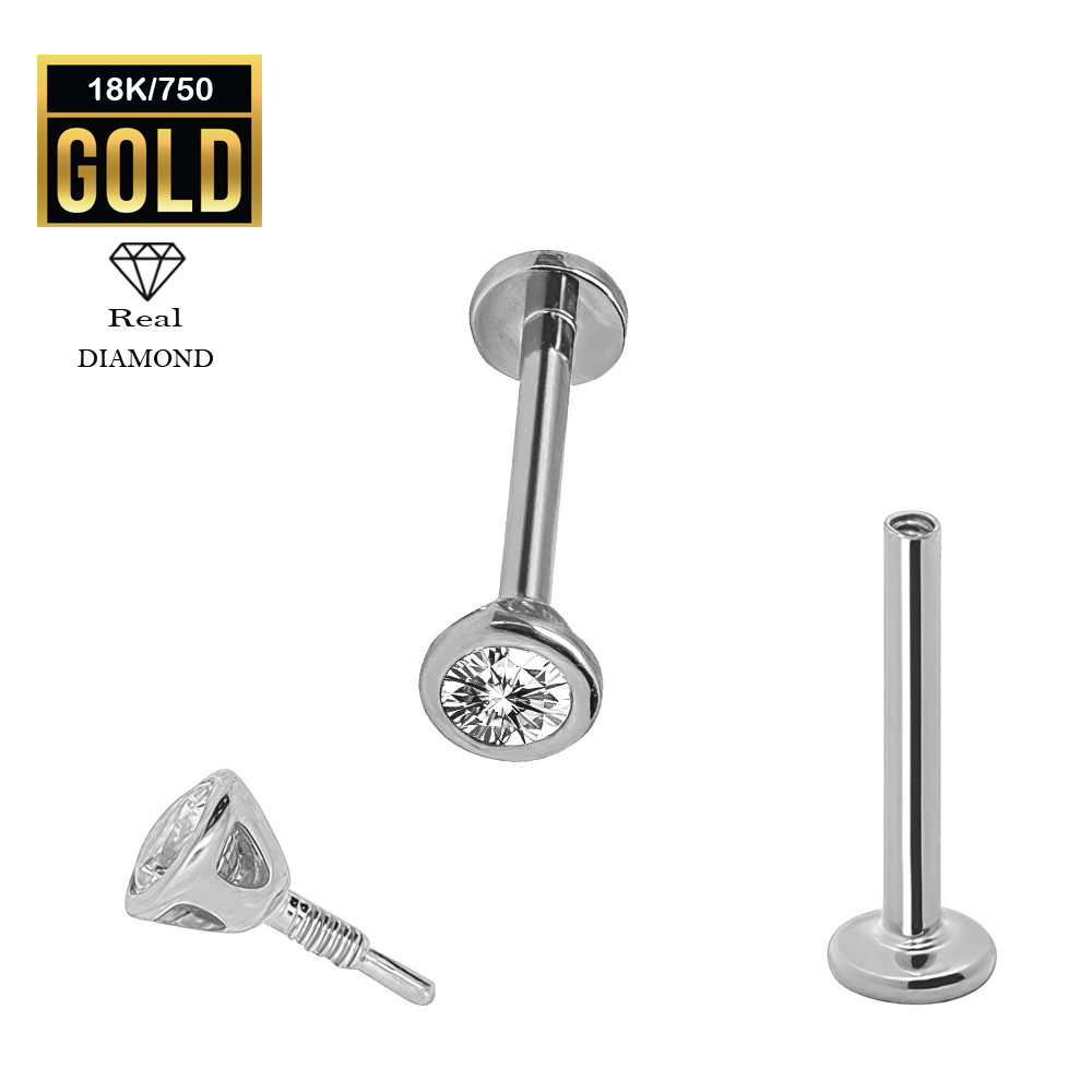18K Real White Gold Flat Back Internally Threaded Labret  with Real Diamond Design Top 