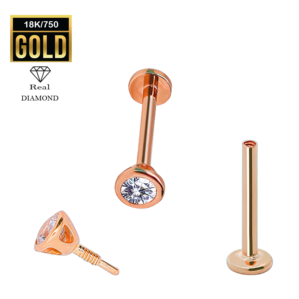 18K Real Rose Gold Flat Back Internally Threaded Labret  with Real Diamond Design Top  