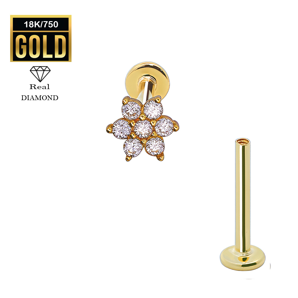 18K Real Gold Flat Back Internally Threaded Labret  with Real Diamond Design Top  