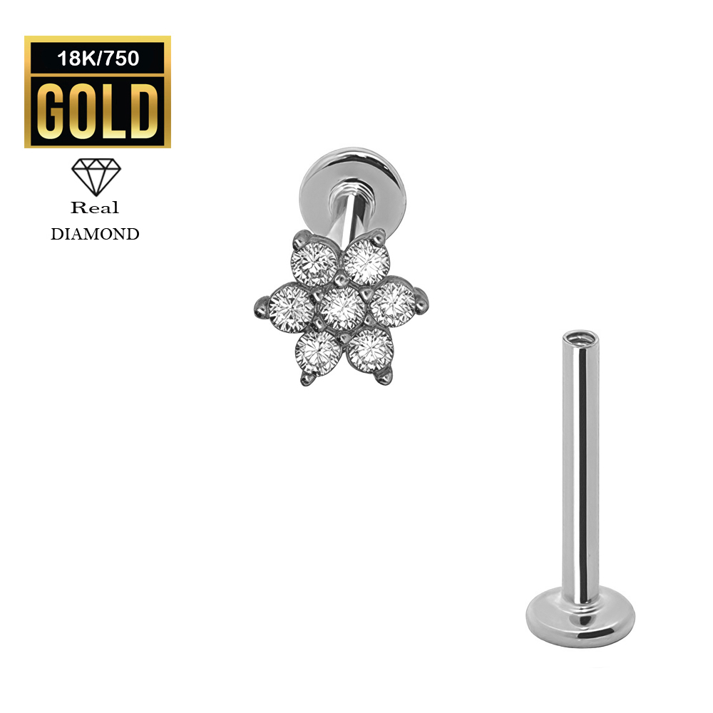 18K Real White Gold Flat Back Internally Threaded Labret  with Real Diamond Design Top  