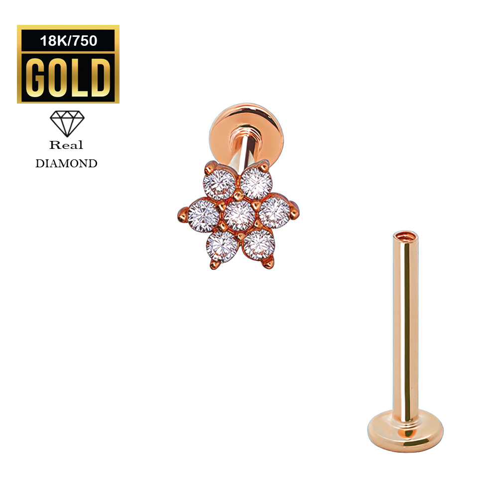 18K Real Rose Gold Flat Back Internally Threaded Labret  with Real Diamond Design Top  