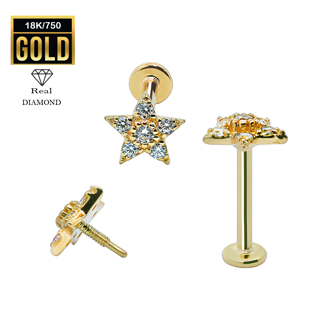 18K Real Gold Flat Back Internally Threaded Labret  with Real Diamond Design Top   