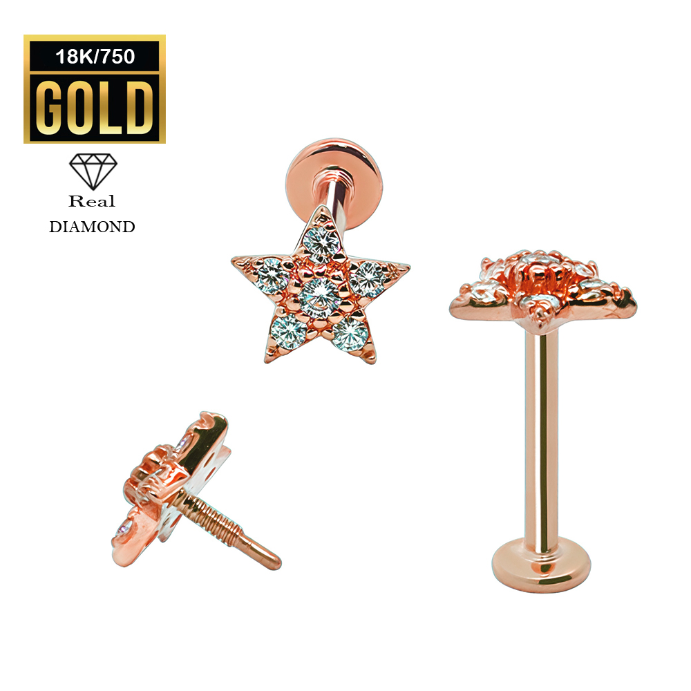 18K Real Rose Gold Flat Back Internally Threaded Labret  with Real Diamond Design Top   